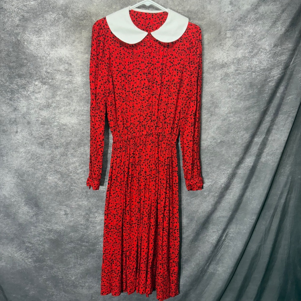 Vintage 80s Red Black Abstract Print Peter Pan Collar Midi Dress Long Sleeve
